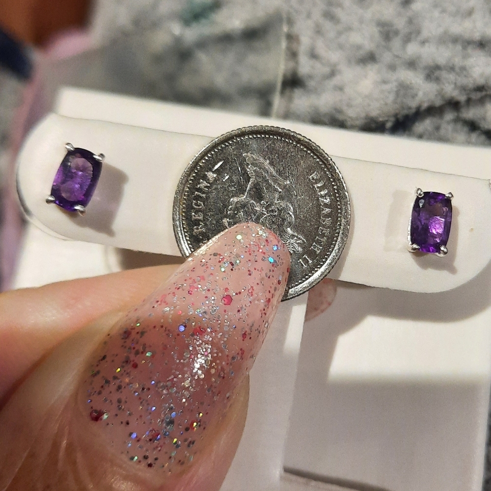 AUTHENTIC AMETHYST Genuine Sterling Silver Stud Earrings Emerald Cut NIB 🎁 NWOT
